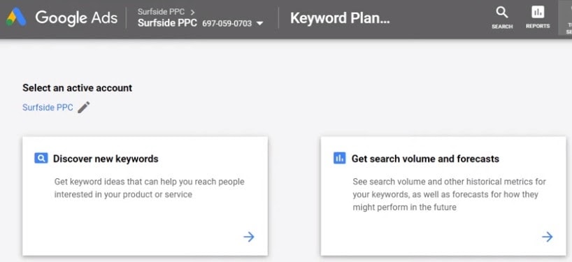 google keyword planner options